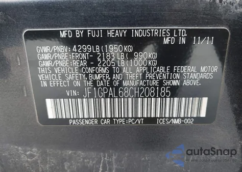 2012 Subaru Impreza 2.0I Sport Premium from USA, damaged, VIN JF1GPAL68CH208185